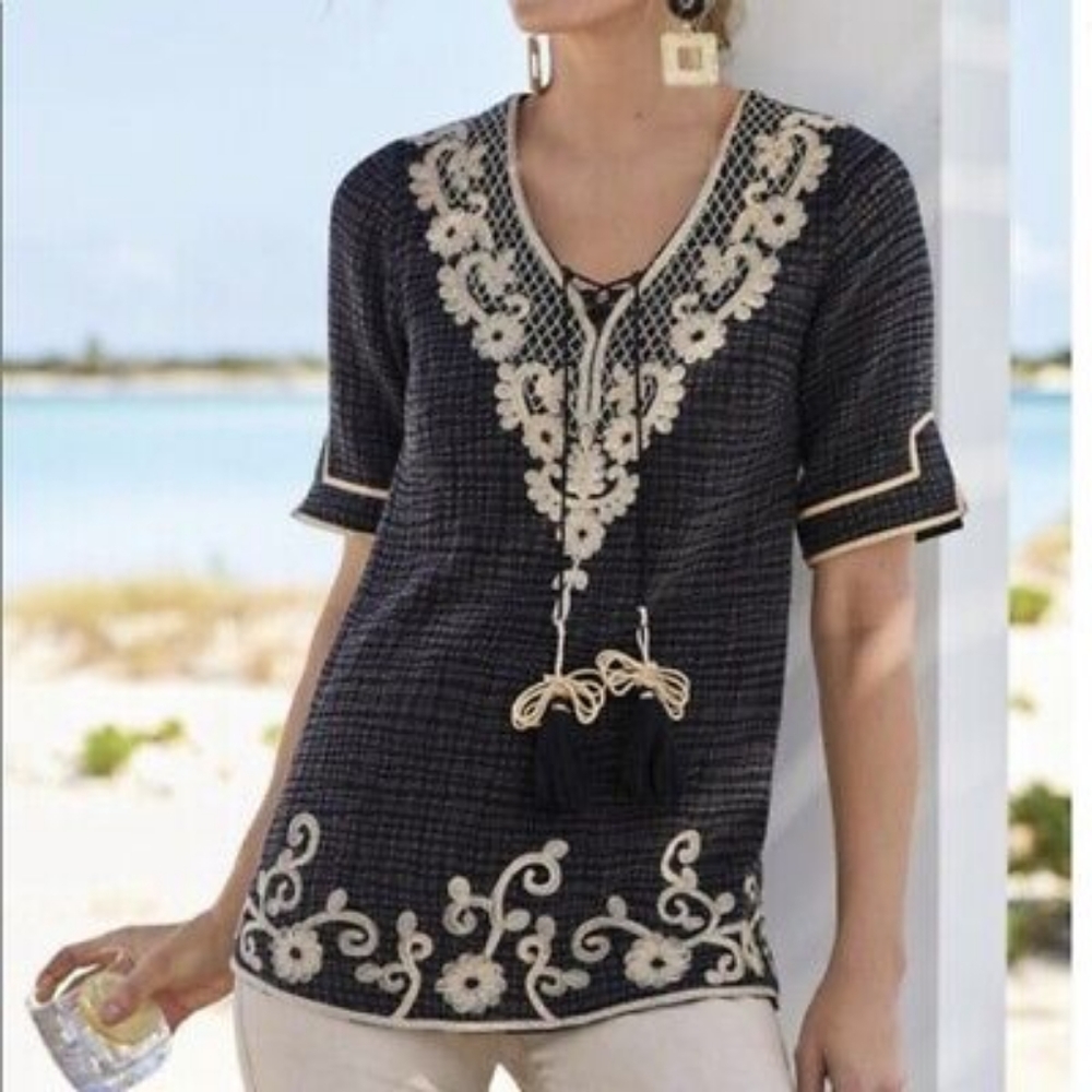 Soft Surroundings Embroidered Black Grey Tunic Top with Tassels XL